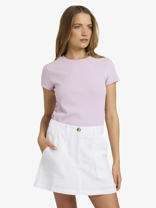 Image of a model wearing Tops. Productname: Roxy Womens Base Rib T-Shirt Violet - in Violet colour by brand - Roxy