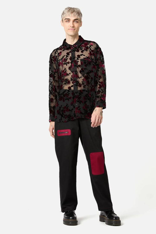 Image of a model wearing Tops. Productname: Lush Burnout Velvet LS Shirt in Black colour by brand - Black Friday
