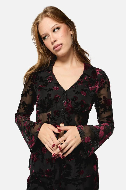 Image of a model wearing Tops. Productname: Lush Burnout Velvet Blouse in Multi colour by brand - Black Friday