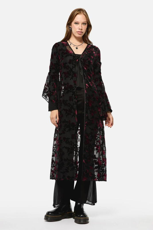 Image of a model wearing Outerwear. Productname: Lush Burnout Duster in Multi colour by brand - Black Friday