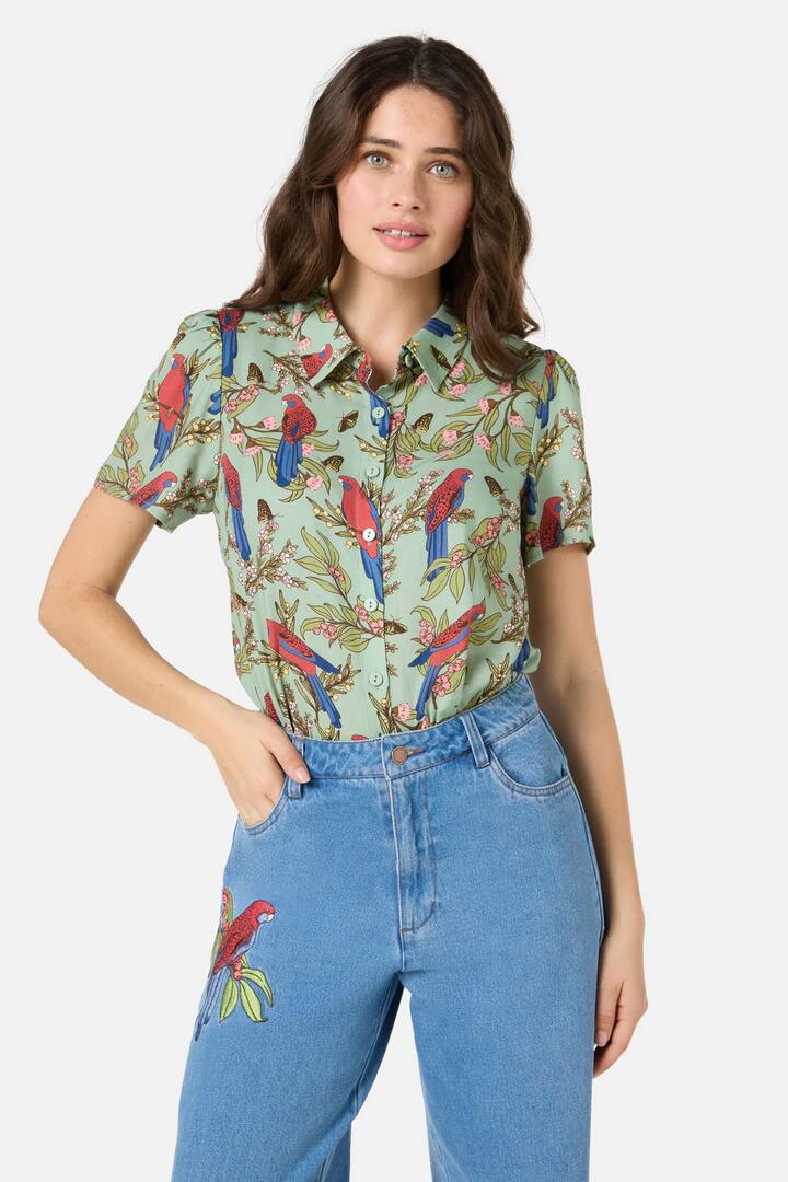 Image of a model wearing Shorts. Productname: Rosella Short Sleeve Blouse in Green colour by brand - Princess Highway