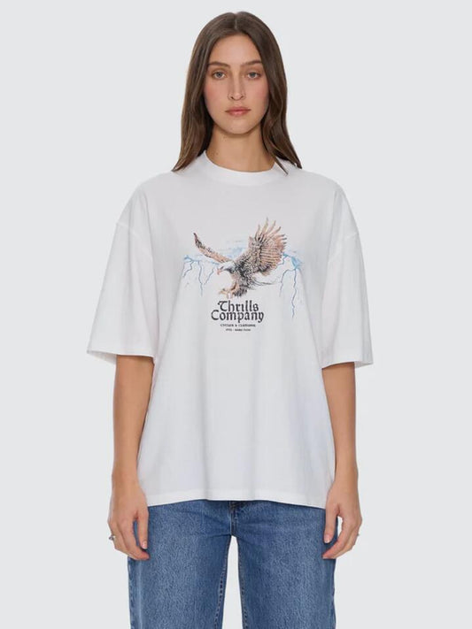 Image of a model wearing Tops. Productname: Thrills Women's Flight Risk Oversize Tee in DIRTY WHITE colour by brand - Thrills