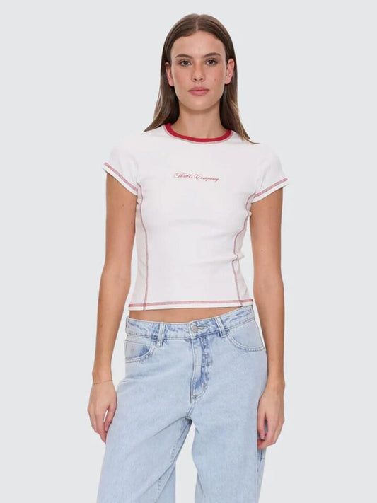 Image of a model wearing Tops. Productname: Thrills Women's Suspended Club Tee in TOFU colour by brand - Thrills