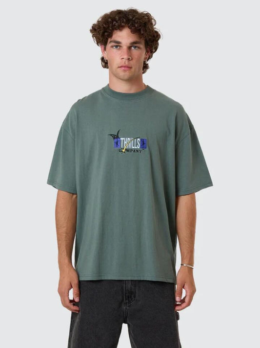 Image of a model wearing Tops. Productname: Thrills Men's Serenity Affinity Oversize T-Shirt in Sea Pine colour by brand - Thrills