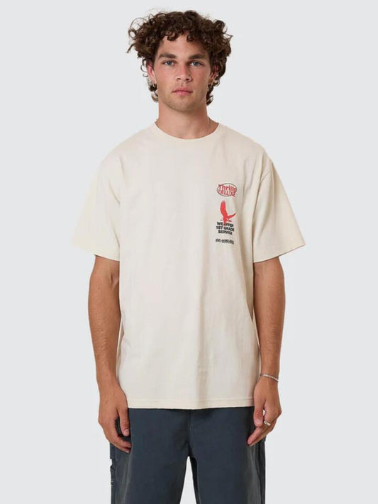 Image of a model wearing Tops. Productname: Thrills Men's 1st Grade Merch Fit T-Shirt in Heritage White colour by brand - Thrills