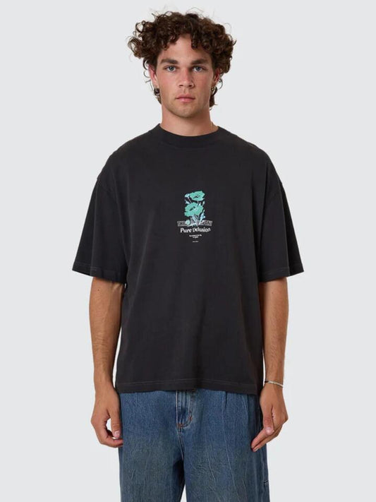 Image of a model wearing Tops. Productname: Thrills Men's Pure Delusion Oversize T-Shirt in Faded Black colour by brand - Thrills