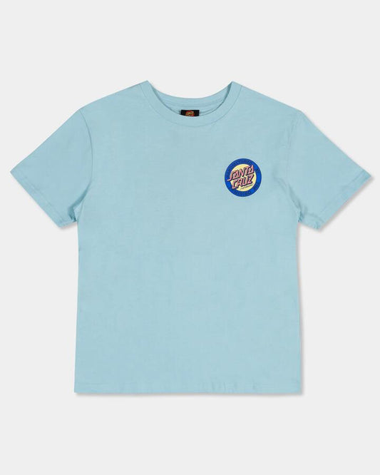 Image of a model wearing Tops. Productname: Santa Cruz Girls 8-16 Mfg Retro Dot Reverse Oversized T-Shirt Aqua - in Aqua colour by brand - Santa Cruz