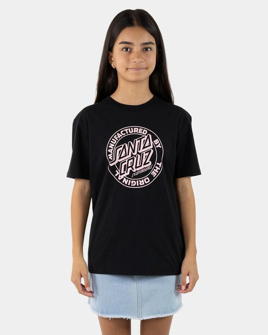 Image of a model wearing Tops. Productname: Santa Cruz Girls 8-16 Mfg Dot Front T-Shirt Black - in Black colour by brand - Santa Cruz