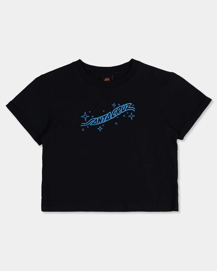 Image of a model wearing Tops. Productname: Santa Cruz Girls 8-16 Winged Moon Strip Centre T-Shirt Off Black - in Off Black colour by brand - Santa Cruz