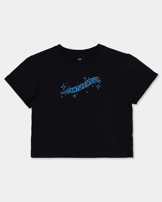 Image of a model wearing Tops. Productname: Santa Cruz Girls 8-16 Winged Moon Strip Centre T-Shirt Off Black - in Off Black colour by brand - Santa Cruz