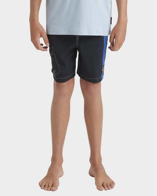 Image of a model wearing Shorts. Productname: Quiksilver Boys 8-16 Interconnect Volley 17" Swim Shorts Black - in Black colour by brand - Quiksilver