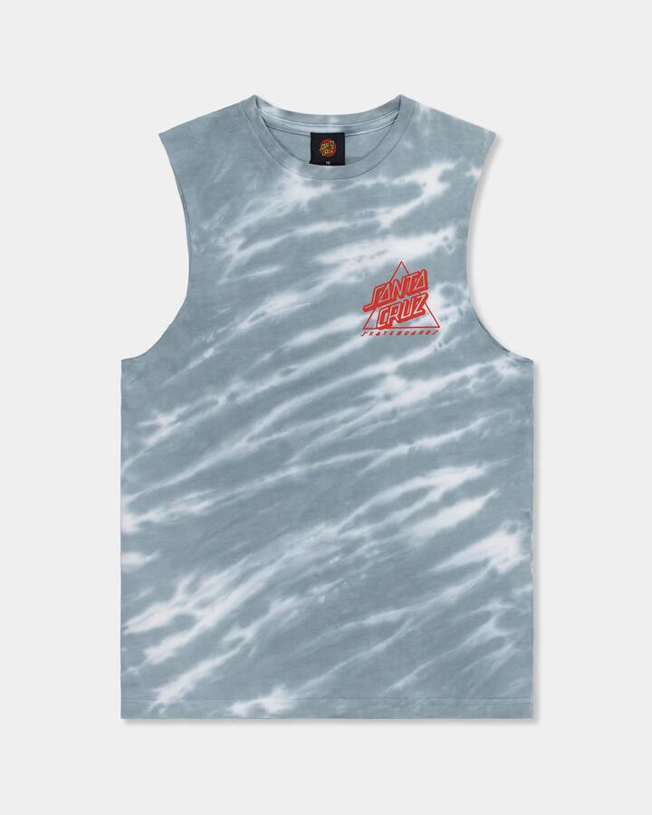 Image of a model wearing Tops. Product name - Santa Cruz Boys 8-16 Not A Dot Hollow Muscle Shirt Slate Tie Dye in Slate Tie Dye colour by brand - Santa Cruz