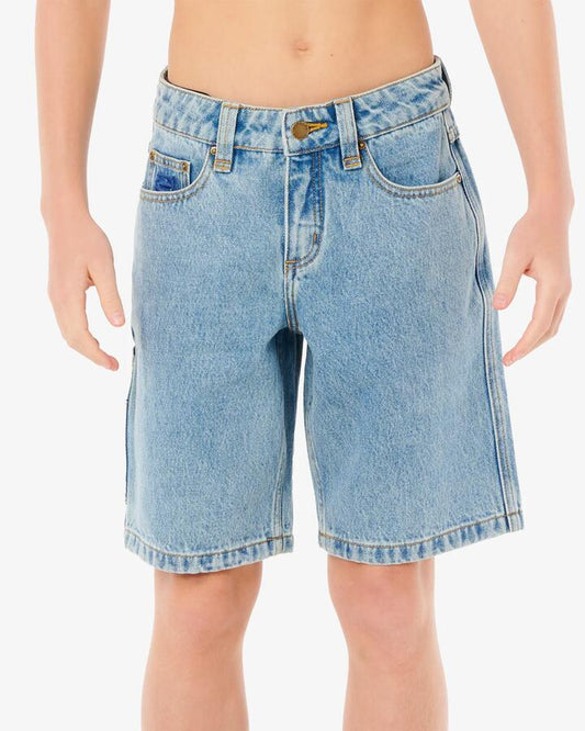 Image of a model wearing Shorts. Product name - Rip Curl Boys 8-16 Hyped Up Denim Shorts Washed Blue in Washed Blue colour by brand - Rip Curl