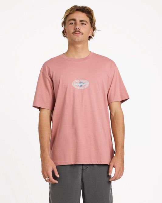 Image of a model wearing Tops. Productname: Billabong Mens Rotor Diamond Regular T-Shirt Dusty Rose - in Dusty Rose colour by brand - Billabong