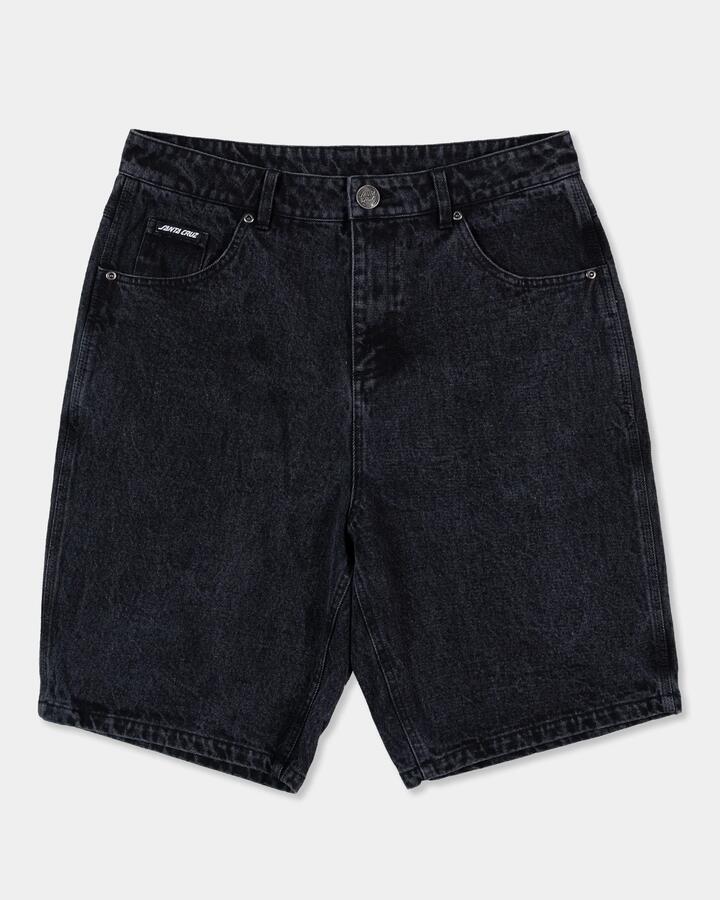 Image of a model wearing Shorts. Productname: Santa Cruz Mens Dressen Roses Solo Arch Denim Shorts Washed Black - in Washed Black colour by brand - Santa Cruz