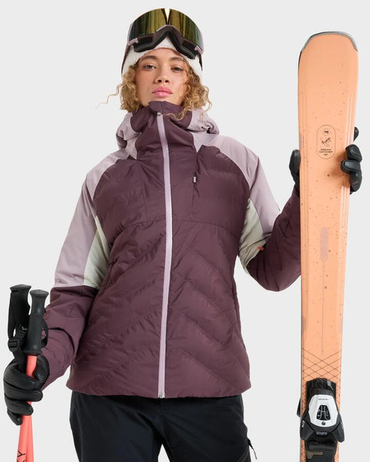 Image of a model wearing Outerwear. Productname: Roxy Womens Luna Frost Snow Jacket Huckleberry - in Huckleberry colour by brand - Roxy