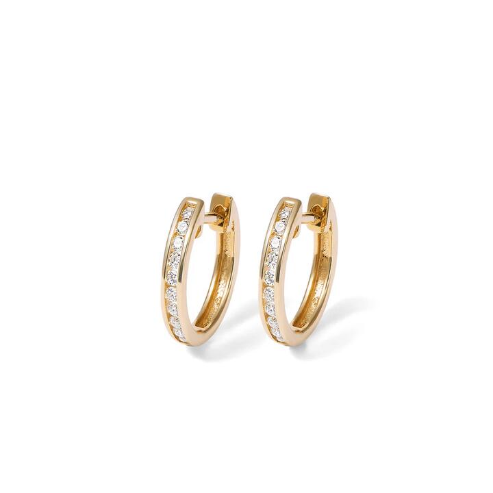 Image of Earrings. Productname: 12mm Channel Huggie Earrings with 0.20tw of Laboratory-Grown Diamonds in 9kt Yellow Gold in Diamond colour by brand - Bevilles
