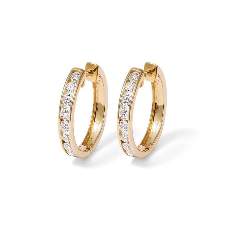 Image of Earrings. Productname: 18mm Channel Huggie Earrings with 1.00tw of Laboratory-Grown Diamonds in 9kt Yellow Gold in Diamond colour by brand - Bevilles