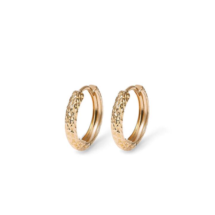 Image of Earrings. Productname: 10mm Diamond Cut Huggie Earrings in 9kt Yellow Gold in Gold colour by brand - Bevilles
