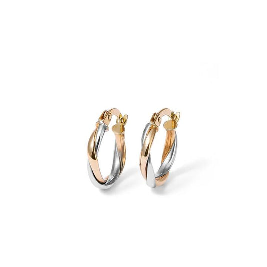 Image of Earrings. Productname: 10mm Two Strand Twist Hoop Earrings in 9kt Duo-Tone Gold in Gold colour by brand - Bevilles