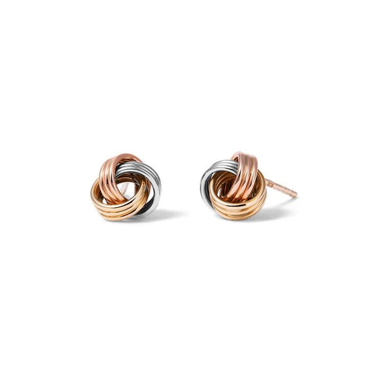 Image of Earrings. Productname: 8mm Twist Knot Stud Earrings in 9kt Tri-Colour Gold in Gold colour by brand - Bevilles