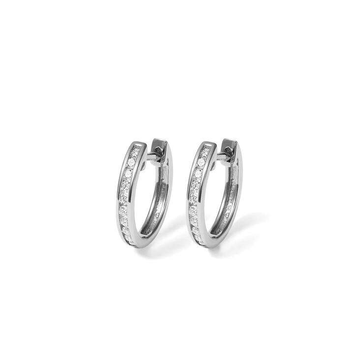 Image of Earrings. Productname: 12mm Channel Huggie Earrings with 0.20tw of Laboratory-Grown Diamonds in Sterling Silver with Platinum Coating in Diamond colour by brand - Bevilles
