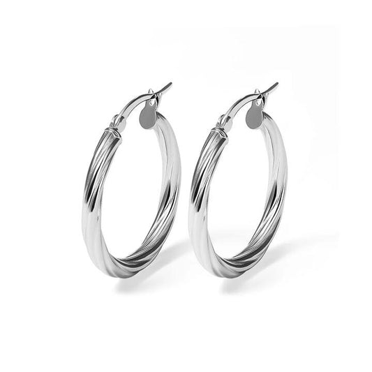 Image of Earrings. Productname: 25mm Twist Hoop Earrings in Sterling Silver in Silver colour by brand - Bevilles