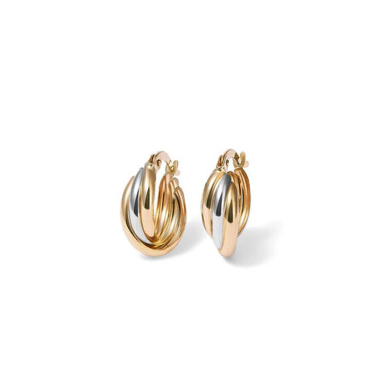 Image of Earrings. Productname: 9mm Fancy Three Strand Hoop Earrings in 9kt Tri-Tone Gold in colour by brand - Bevilles