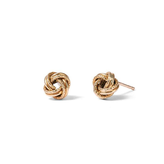 Image of Earrings. Productname: Twist Knot Stud Earrings in 9kt Yellow Gold in Gold colour by brand - Bevilles