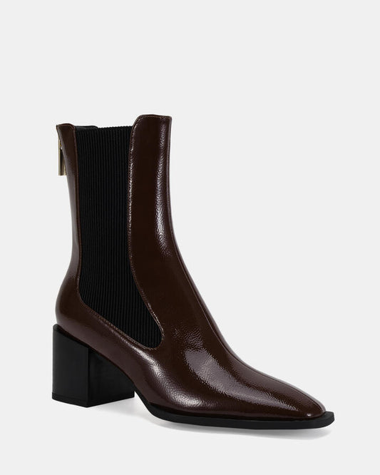 Image of Boots. Productname: Dna: Espresso Patent - Women's Boot Low-mid Heel in Espresso Patent colour by brand - Novo