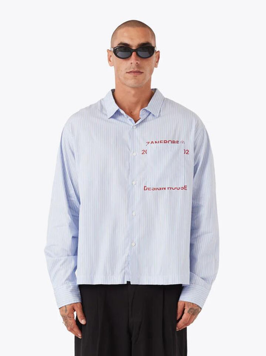 Image of Shirts. Productname: Zanerobe Overlap Crop Ls Shirt in Blue Stripe colour by brand - Zanerobe