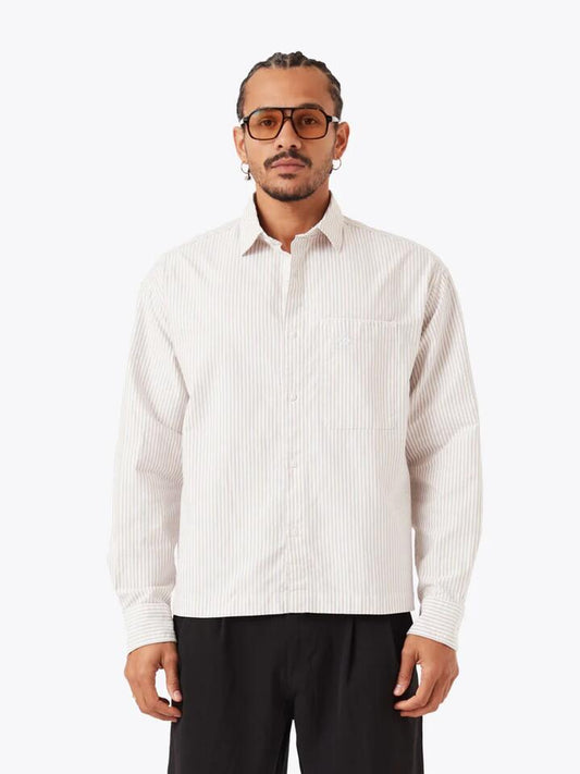 Image of a model wearing Tops. Productname: Zanerobe Box Crop Ls Shirt in Beige Stripe colour by brand - Zanerobe