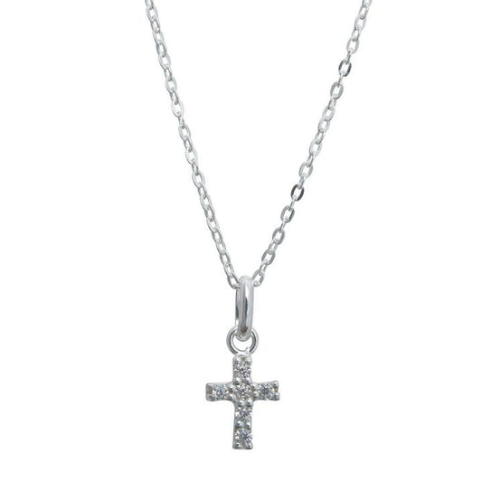 Image of Charms. Product name - 45cm Cubic Zirconia Mini Cross Necklace in Sterling Silver in colour by brand - Bevilles