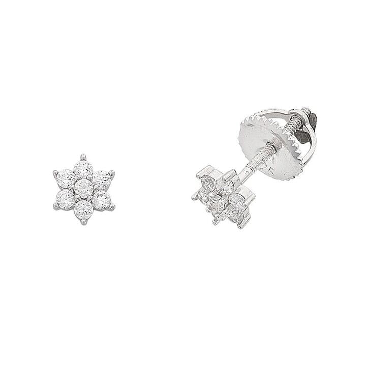 Image of Earrings. Product name - Children's Cubic Zirconia Flower Screw Back Earrings in Sterling Silver in colour by brand - Bevilles