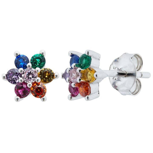 Image of Earrings. Productname: Rainbow Cubic Zirconia Flower Earrings in Sterling Silver in Silver colour by brand - Bevilles