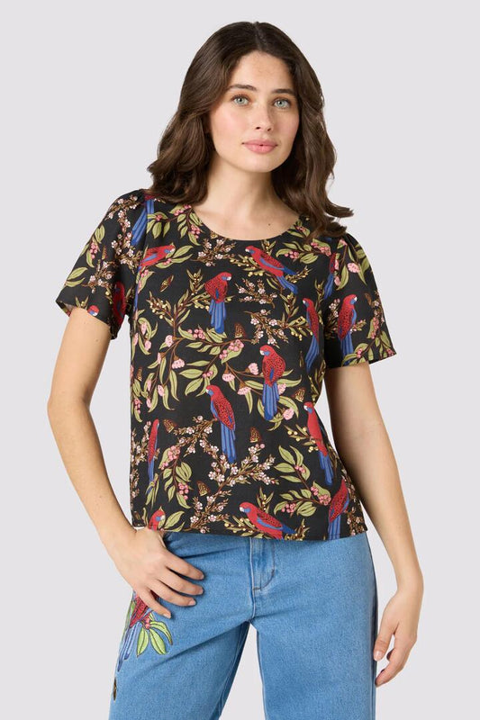 Image of a model wearing Shorts. Productname: Rosella Short Sleeve Top in Black colour by brand - Princess Highway