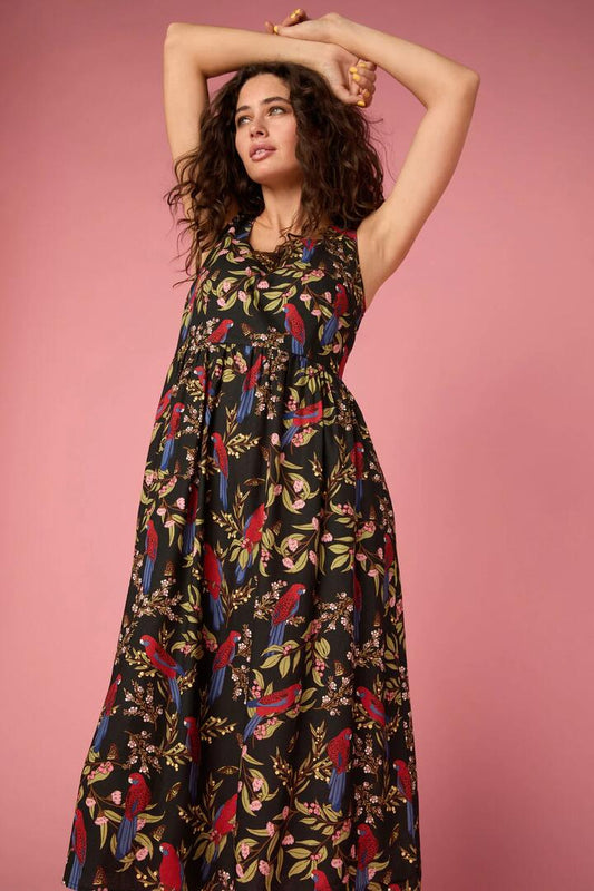 Image of a model wearing Dress. Productname: Rosella Midi Dress in Black colour by brand - Princess Highway