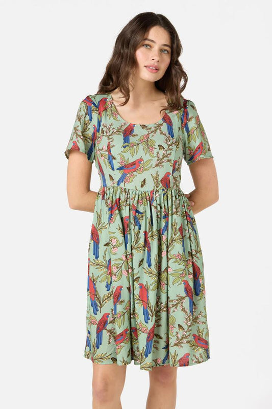Image of a model wearing Dress. Productname: Rosella Mini Dress in Green colour by brand - Princess Highway