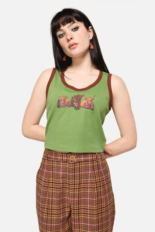 Image of a model wearing Tops. Productname: Grazing Print Tank in Green colour by brand - Dangerfield