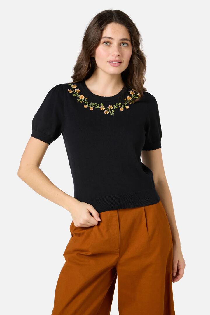 Image of a model wearing Tops. Productname: Alyssa Embroidered Knit Top in Black colour by brand - Princess Highway