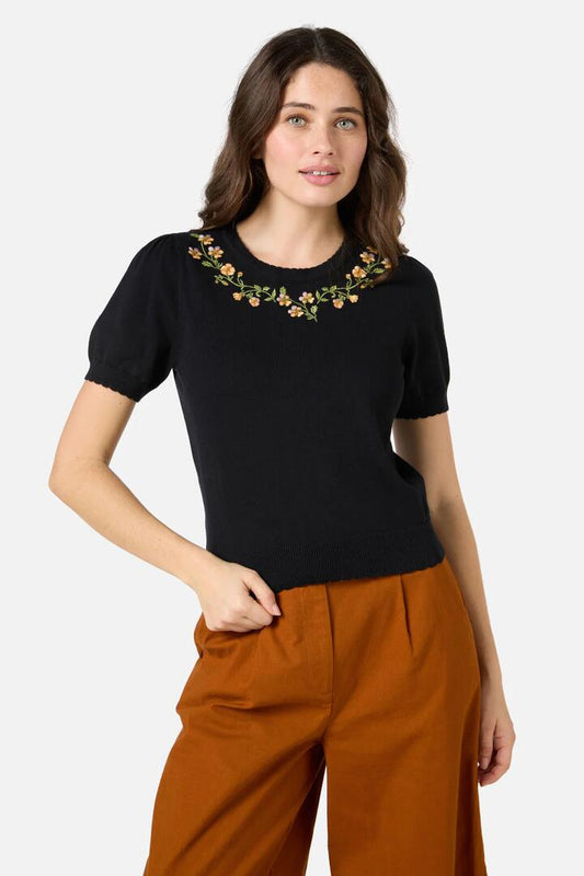 Image of a model wearing Tops. Productname: Alyssa Embroidered Knit Top in Black colour by brand - Princess Highway