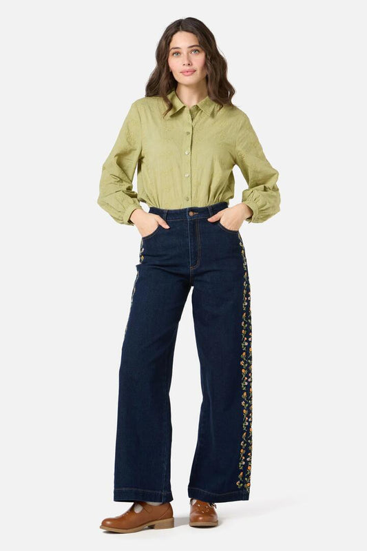 Image of a model wearing Denim. Productname: Alyssa Embroidered Jeans in Dark Denim colour by brand - Princess Highway
