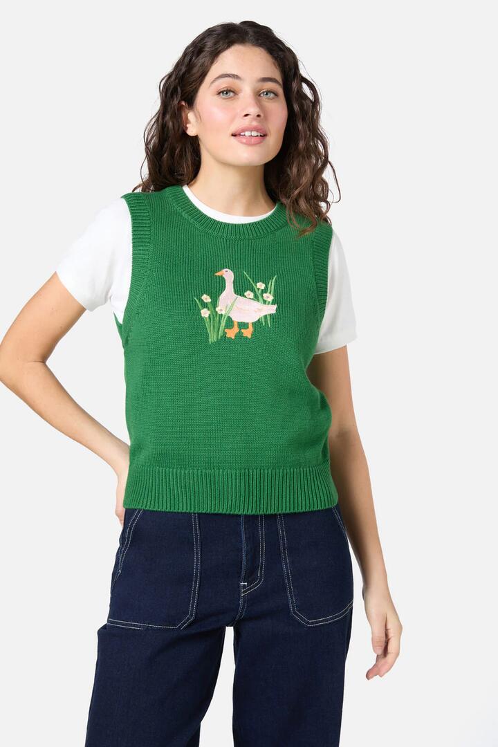 Image of a model wearing Tops. Productname: Goose Embroidered Knit Vest in Green colour by brand - Princess Highway