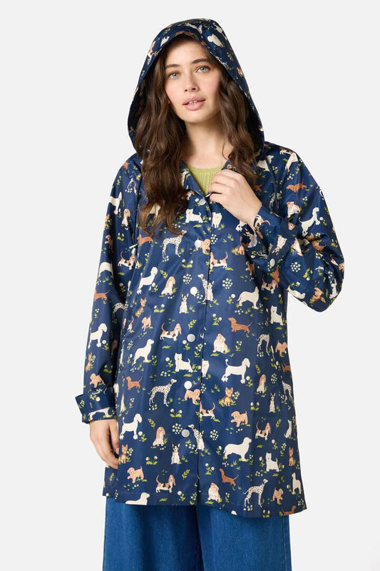 Image of a model wearing Rain Coats. Productname: Cute Dogs Raincoat in Navy colour by brand - Princess Highway