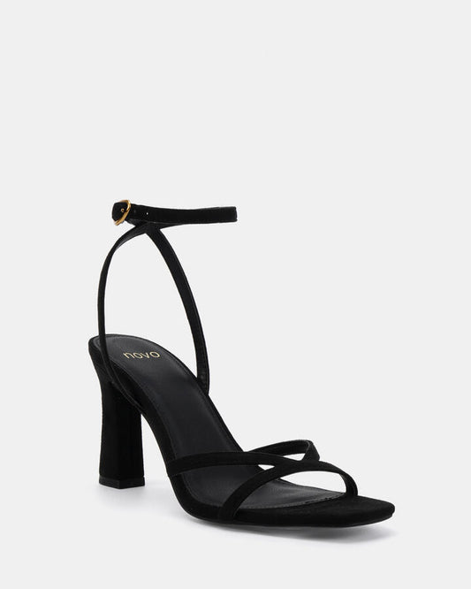 Image of Heels. Productname: Naira: Black Suede - Women's Strappy - High Heel in Black colour by brand - Novo