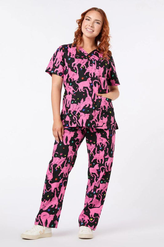 Image of a model wearing Uniforms & Workwear. Productname: Feline Friends Scrub Set in Pink colour by brand - Gorman