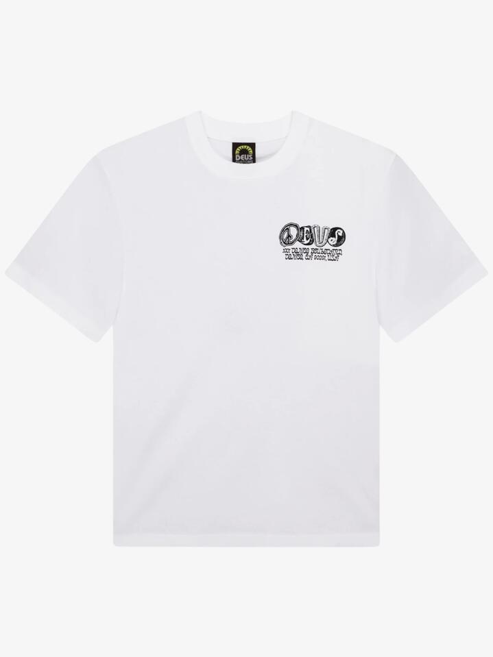 Image of a model wearing Tops. Productname: Deus Labryinth Tee in VINTAGE WHITE colour by brand - Deus
