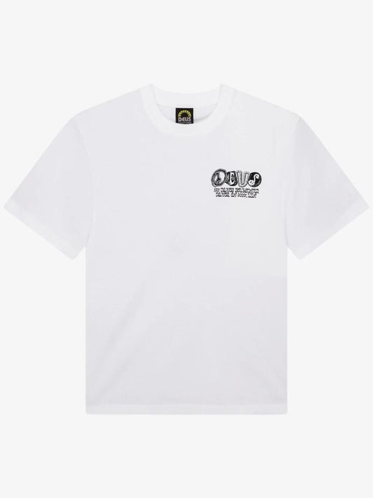 Image of a model wearing Tops. Productname: Deus Labryinth Tee in VINTAGE WHITE colour by brand - Deus