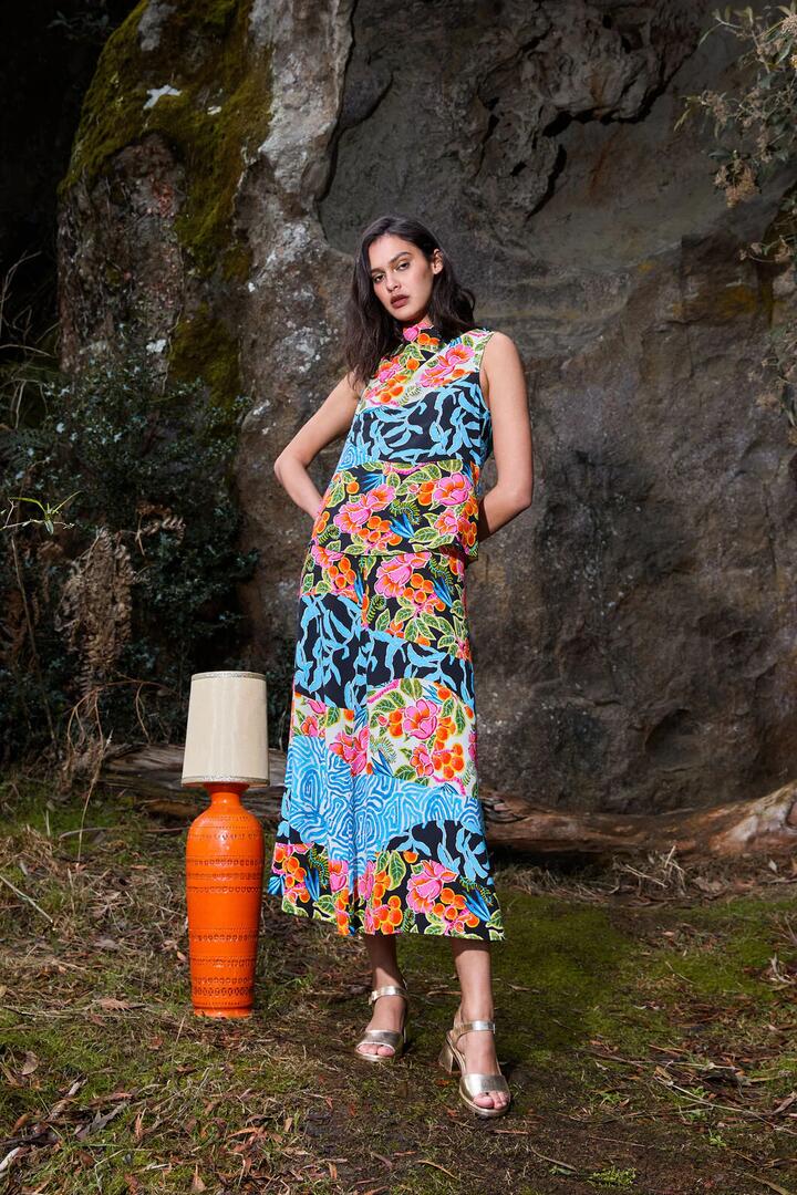 Image of a model wearing Skirts. Product name - Plum Harvest Patchwork Skirt in Print colour by brand - Gorman