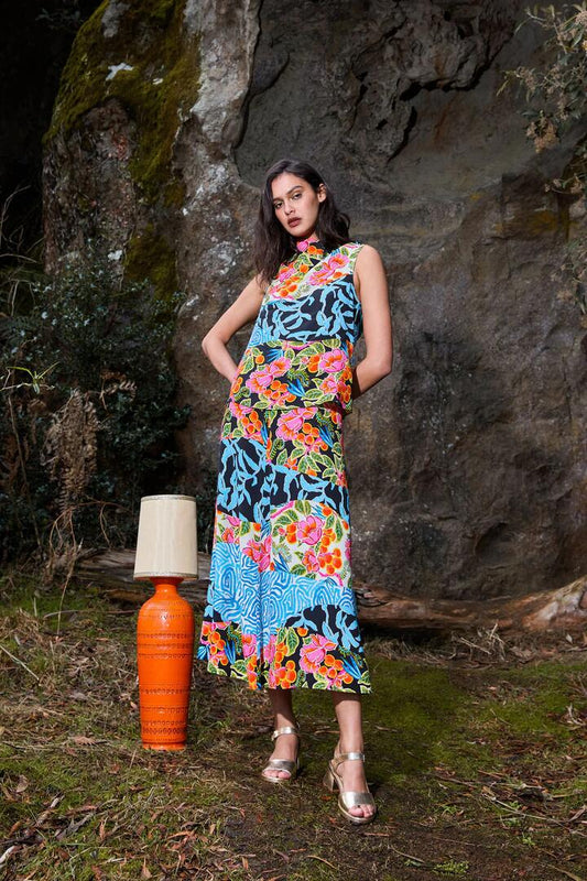 Image of a model wearing Skirts. Product name - Plum Harvest Patchwork Skirt in Print colour by brand - Gorman